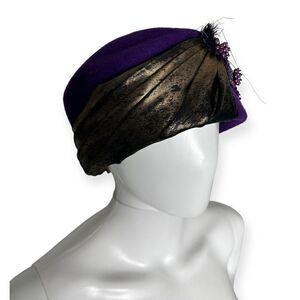 Vintage Purple Wool Pillbox Hat Rhinestones Satin Wrap 1960s Jackie O Aesthetic